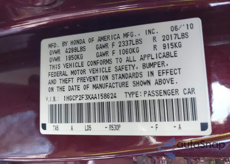 2010 Honda Accord 2.4 Lx z USA, uszkodzony, nr VIN 1HGCP2F3XAA158624